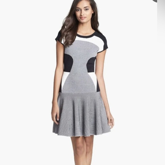 Diane von Furstenberg Renee Colorblock Drop-Waist Black Gray Knit Dress - Picture 1 of 5
